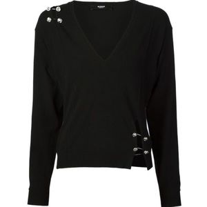 Versus Versace Black V-Neck Safety Pin Sweater